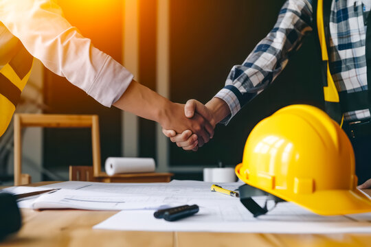 Engineering team shaking hands with yellow safety helmet on workplace desk. handshake of Construction team and architect or designer. Renovate, builder, plan, successful, cooperation, deal concept.