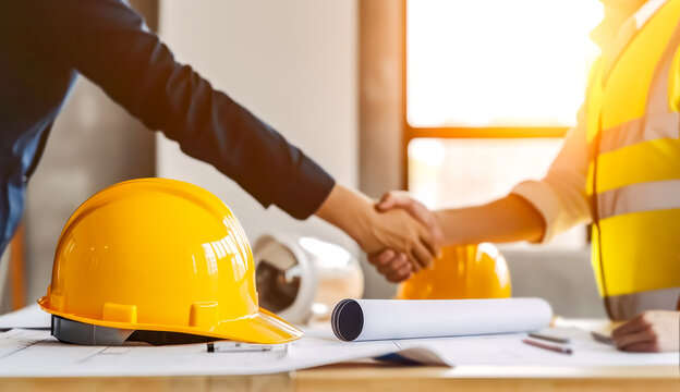 Engineering team shaking hands with yellow safety helmet on workplace desk. handshake of Construction team and architect or designer. Renovate, builder, plan, successful, cooperation, deal concept.