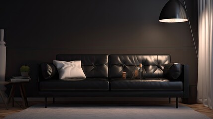 Black leather sofa where you long for every afternoon after a tiring day at work. Generative AI Technology 