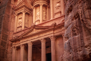 View of the Al-Khazneh Palace or Treasury in Petra, Jordan.