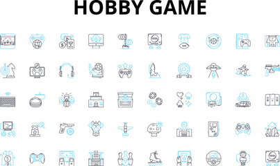 Hobby game linear icons set. Chess, Scrabble, Monopoly, Risk, Catan, Dungeons, Cards vector symbols and line concept signs. Poker,Mahjong,Dominoes illustration Generative AI