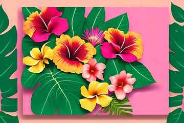 A vibrant and bold greeting card or banner with tropical or a botanical theme