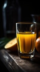 A refreshing glass of orange juice with oranges. Generative AI. 