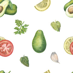 Seamless pattern of watercolor illustrations of avocados, tomatoes, lemons, green leafy vegetables, garlic. Isolated.