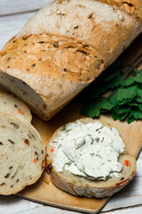 a slice of bread smeared with cottage cheese. Delicious and light breakfast