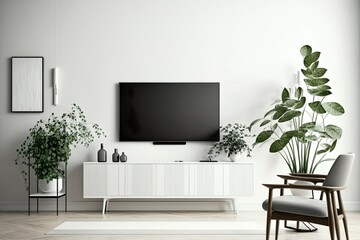 Fond de mur blanc, décor de salon moderne avec un meuble de télévision. AI générative 