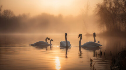 Swans Over Lake At Sunrise - Calm And Romance, generative ai
