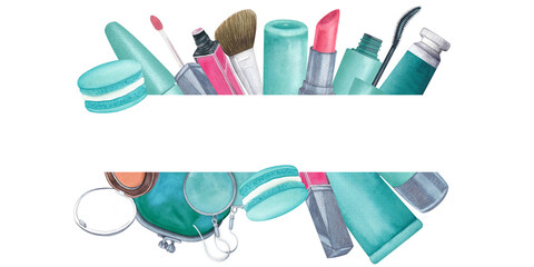 Frame of beauty fashion illustrations on a white background. Mascara, blush, brush, lipstick, lip gloss, earrings, cosmetic bag, tubes of cream, macarons. Suitable for postcards. Watercolor hand drawn