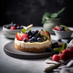 Photo of a delicious cheesecake, food photography. Generative AI.