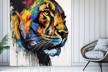 A painting of a tiger on a wall next to a chair, created with Generative Ai Technology