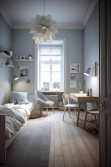 Modern apartment kids room design in neutral color palette with touches of frosty blues and purples, and sleek Scandinavian furniture that maintains the room's clean lines and functional design. Gener
