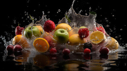 Fototapeta na wymiar Fresh fruits with water splash isolated on black, generative ai