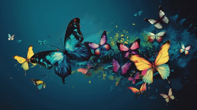 On a blue background, multi-coloured butterflies fly out of the oil paint. Generative AI.