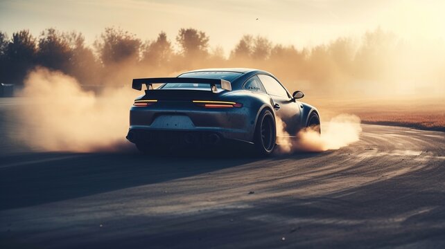 A car or car drift car with a lot of smoke from a burning tyre on a speed track. Generative AI.