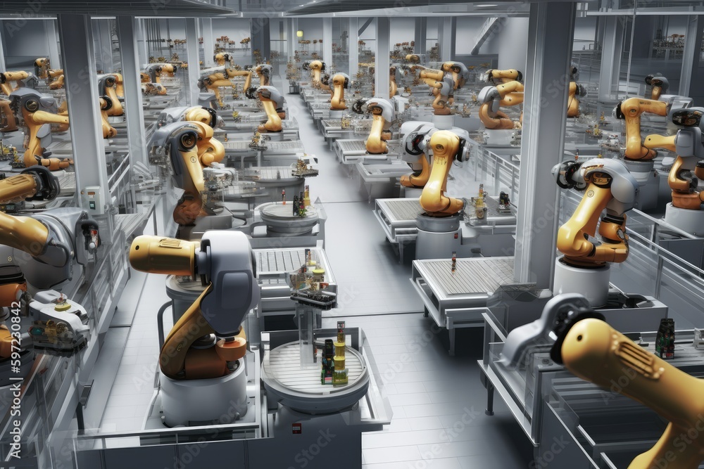 Poster group of robots working together in a factory. generative ai