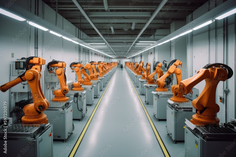 Poster group of robots working together in a factory. generative ai