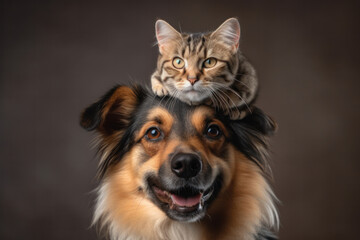 A match made in pet heaven a cat sitting on a dog's head, showcasing their adorable and heartwarming friendship. AI Generative