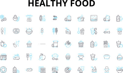 Healthy food linear icons set. Nutritious, Wholesome, Organic, Balanced, Fresh, Sustainable, Clean vector symbols and line concept signs. Vitamin-rich,Fiber-rich,Low-calorie illustration