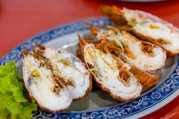 Steamed lobster seafood dish in restaurant