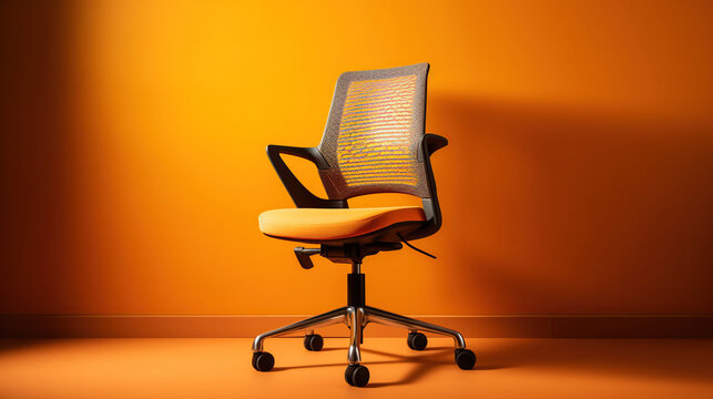 Orange office chair on yellow background, generative ai