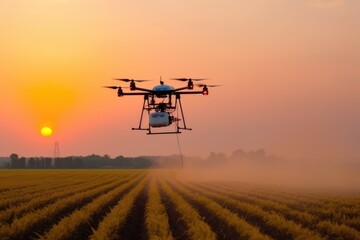 Drones spray fertilizer on the field at sunset. Generative AI
