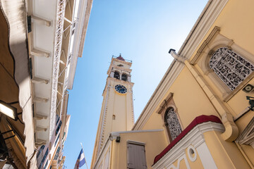 Bell tower of Saint Spyridon Church in Corfu, Greece. - obrazy, fototapety, plakaty