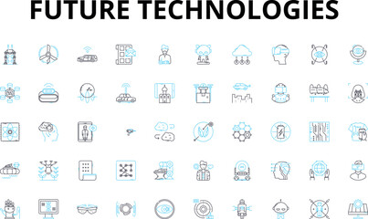 Future technologies linear icons set. Robotics, Drs, Augmented Reality, Virtual Reality, Biotechnology, Nanotechnology, Quantum Computing vector symbols and line concept signs. Artificial Intelligence