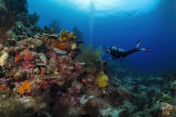 Naklejka na ściany i meble A scuba diver swims over a colorful coral reef, created with Generative Ai Technology