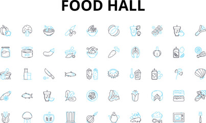 Food hall linear icons set. Variety, Cuisine, Foodie, Gourmet, Local, Artisan, Fresh vector symbols and line concept signs. Global,Selection,Eateries illustration
