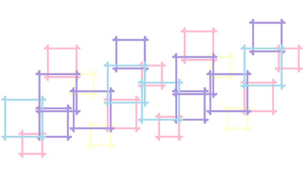 A collection of frame-shaped squares of various sizes and pastel colors forms the background.