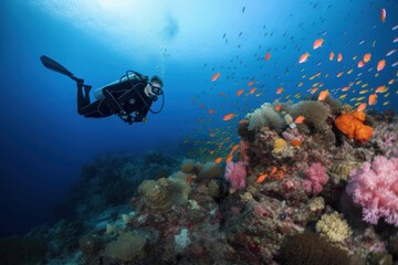 Fototapeta na wymiar A scuba diver swims over a colorful coral reef, created with Generative Ai Technology