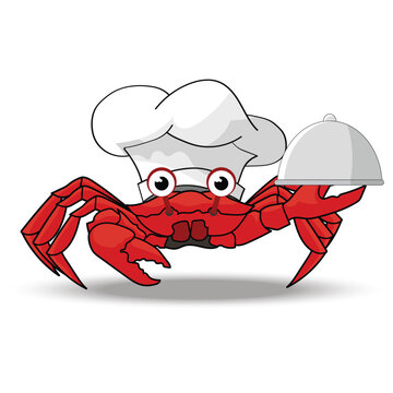 Crab cartoon. Clear hat. Holding a frying pan. Crab chef. Chef, restaurant logo, seafood. Orange crab.