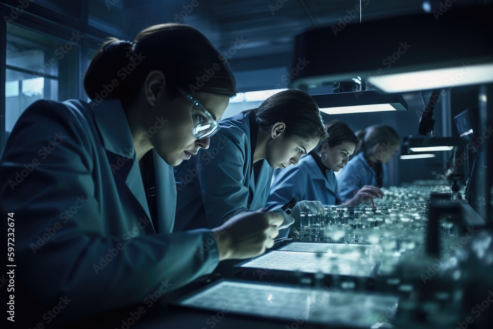 Poster team of scientists working in a laboratory, carefully conducting experiments and analyzing data. gen