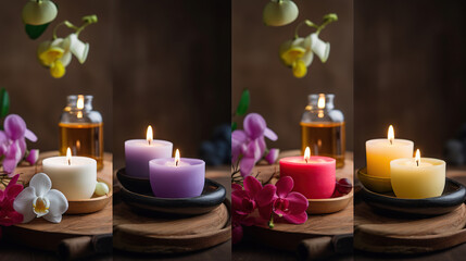 Fototapeta na wymiar Composition of spa treatment on table colorful candle background, generative ai