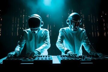 dj duo with space helmets in action - obrazy, fototapety, plakaty