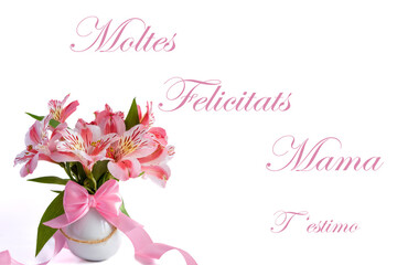 Mother's day greeting card with small white vase with lilies of different shades of pink and a big pink ribbon where there is a text in Catalan that says "Moltes felicitats mama. T'estimo"