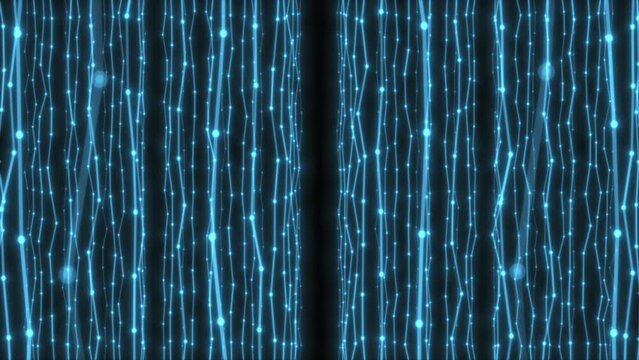 Abstract animation of flying through regular rows of hanging blue chains of oscillating points connected by line segments. 4K. 3D render.