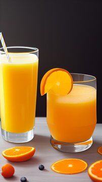 splash of juicy orange juice on blue ice beach glass orange slices