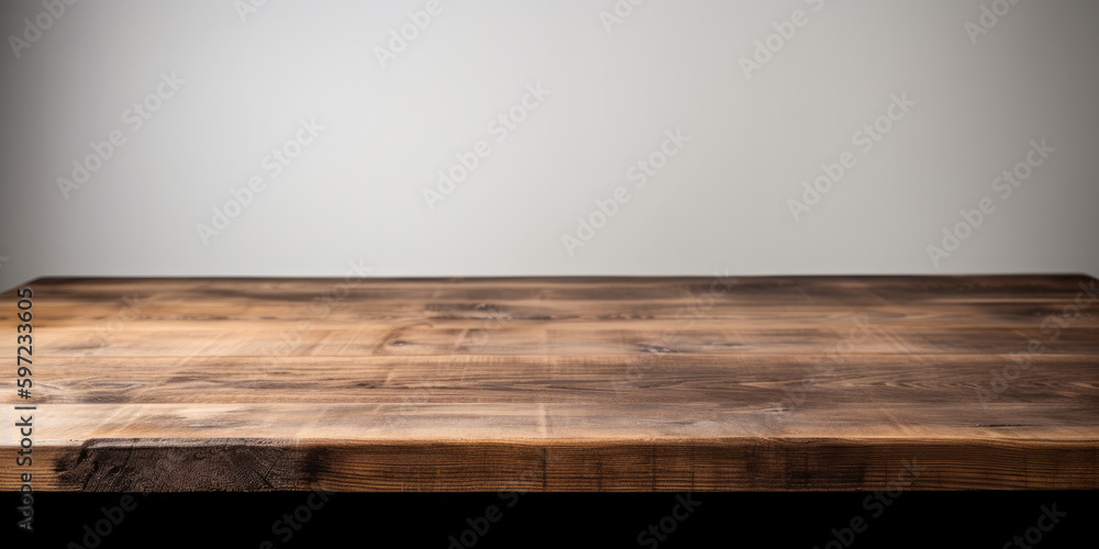 Poster a blank empty wooden table top for product placement. generative ai