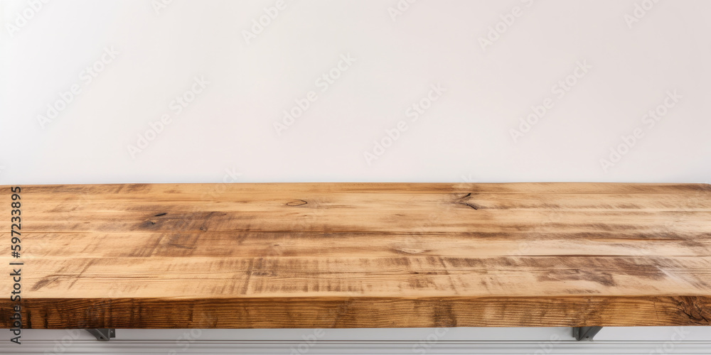 Poster a blank empty wooden table top for product placement. generative ai