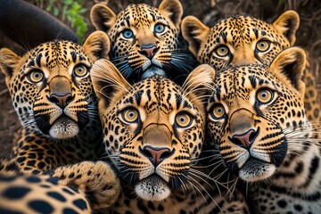 Macrophotography selfie of a group of leopard huddled together taking a group selfie on safari, created with Generative Ai Technology