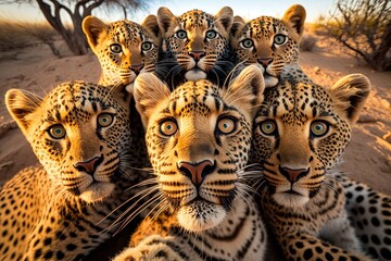 Macrophotography selfie of a group of leopard huddled together taking a group selfie on safari, created with Generative Ai Technology