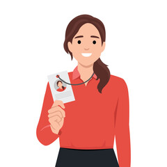 Positive woman shows badge with photo of personal data issued for use in office of corporation. Casual girl with smile and pride demonstrates document to employee company. Flat vector
