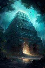 Illustration of Mayan/Inca pyramid under blue light 