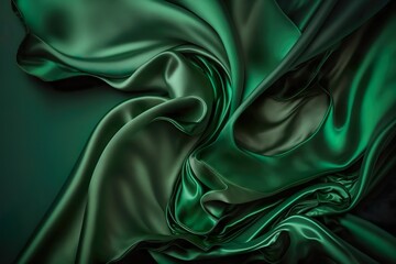 Fond en satin de soie vert fonc&eacute;. Plis ondul&eacute;s. Surface lisse. Tissu brillant. Arri&egrave;re-plan de luxe. Ai g&eacute;n&eacute;rative