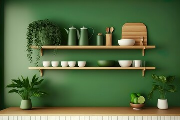 Mur vert avec étagère en bois dans la salle de cuisine. Ai générative 