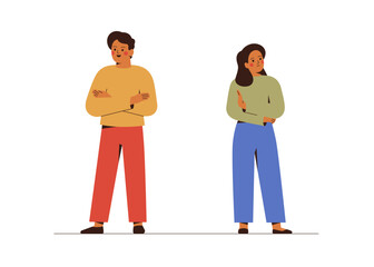 Young Couple on the brink of divorce stand back to back. Married Man and woman quarrel and do not to want understand each other. Relationship break up and family crisis concept. Vector illustration