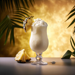 Realistic Colorful Photo of Pina Colada Coctail, Prepared and Served in Stylish Glass with fruits, made with Ai Technology