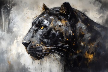 A painting of a black panther with yellow eyes, created with Generative Ai Technology