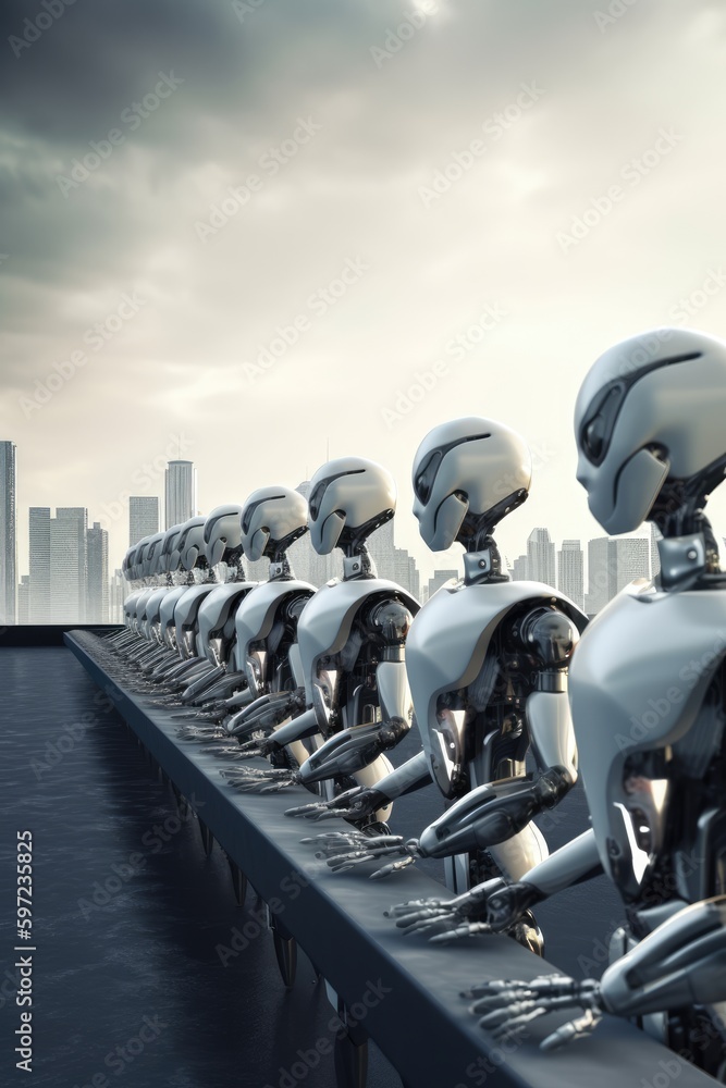 Poster sophisticated robots stand are arranged in a row, backdrop of a glittering city. generative ai